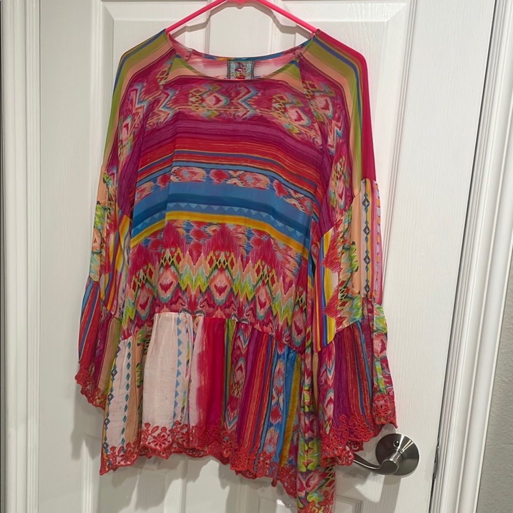 Johnny Was Pink and Red 3/4 Sleeve Boxy Tunic